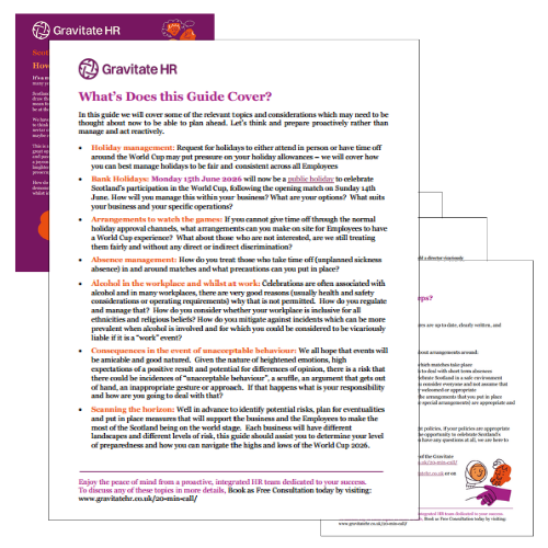 Preview pages from the World Cup 2026 HR Toolkit showing holiday and absence guidance